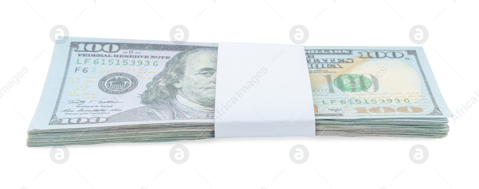Photo of Bundle of dollar banknotes isolated on white. American national currency