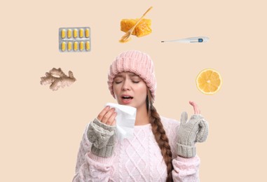 Image of SIck woman surrounded by different drugs and products for illness treatment on beige background
