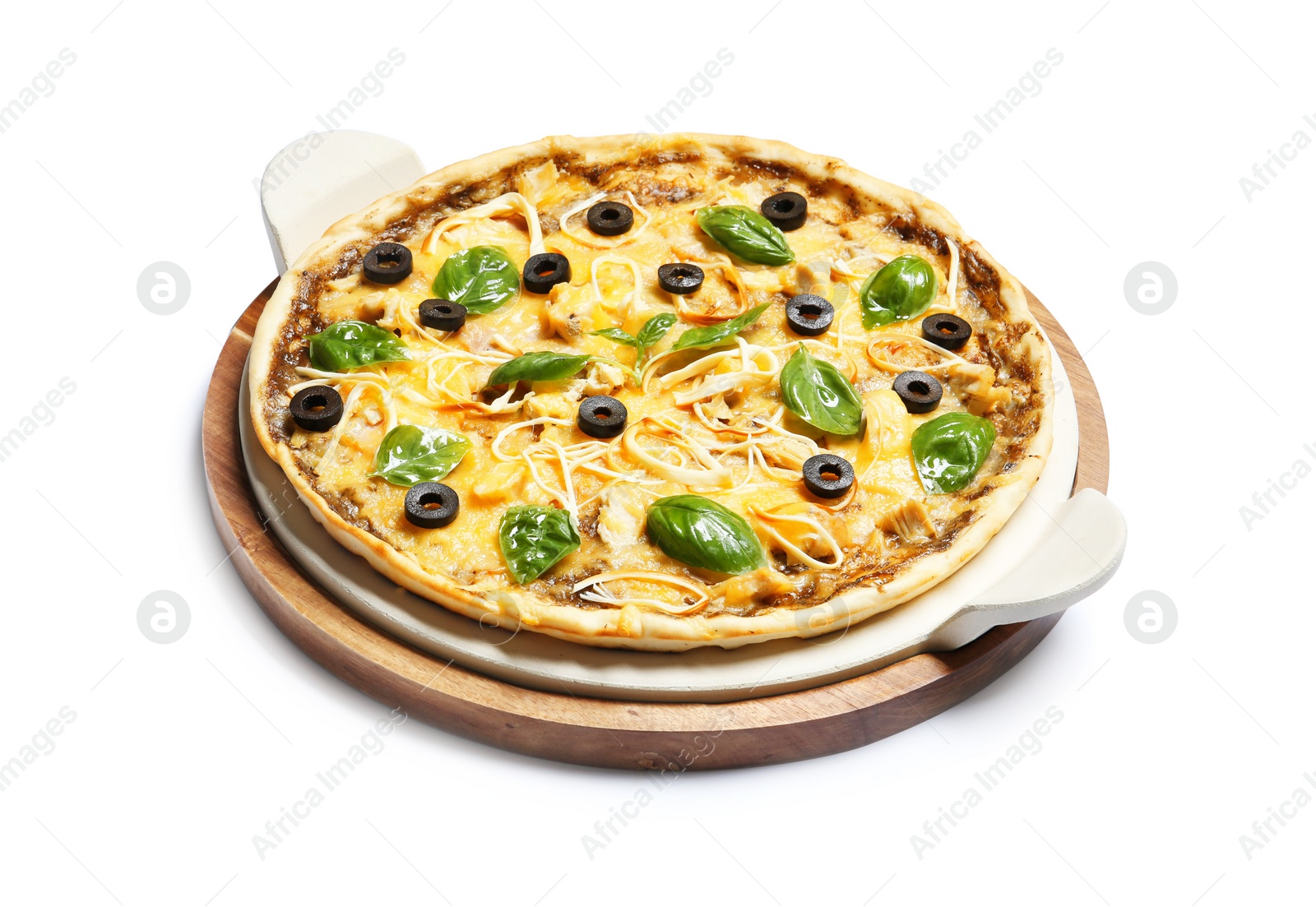 Photo of Wooden board with delicious homemade pizza on white background