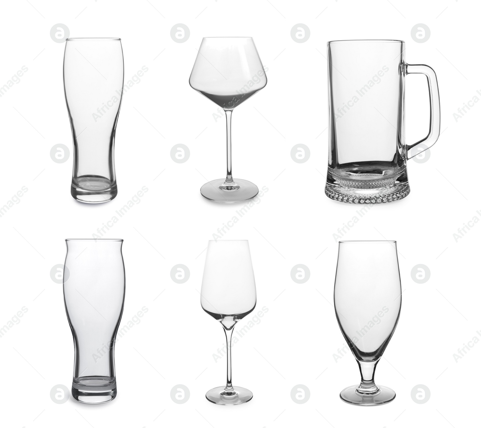 Image of Collage with different empty glasses on white background