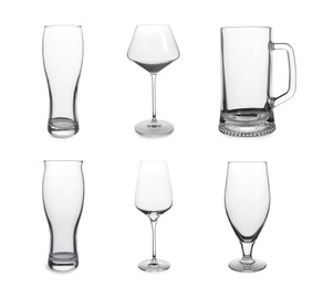 Image of Collage with different empty glasses on white background