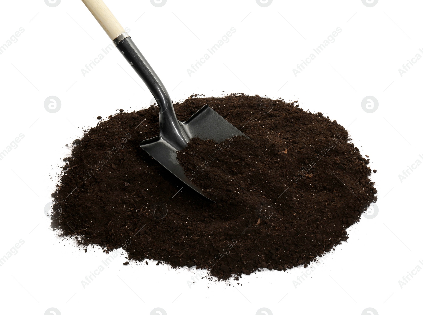 Shovel and pile of soil isolated on white Photo of Shovel and pile of soil isolated on white