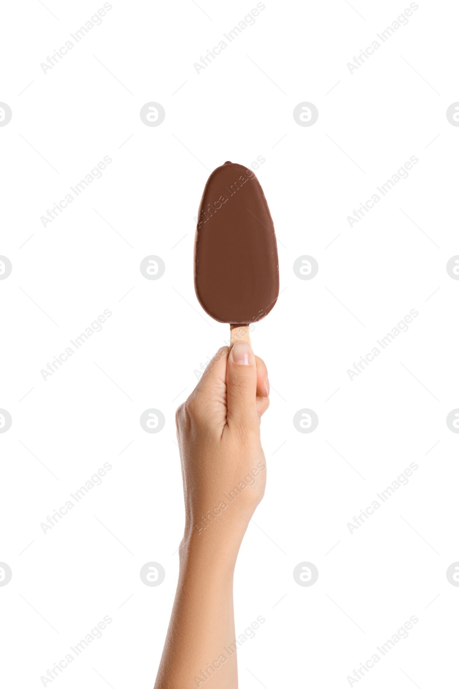 Photo of Woman holding ice cream glazed in chocolate on white background, closeup