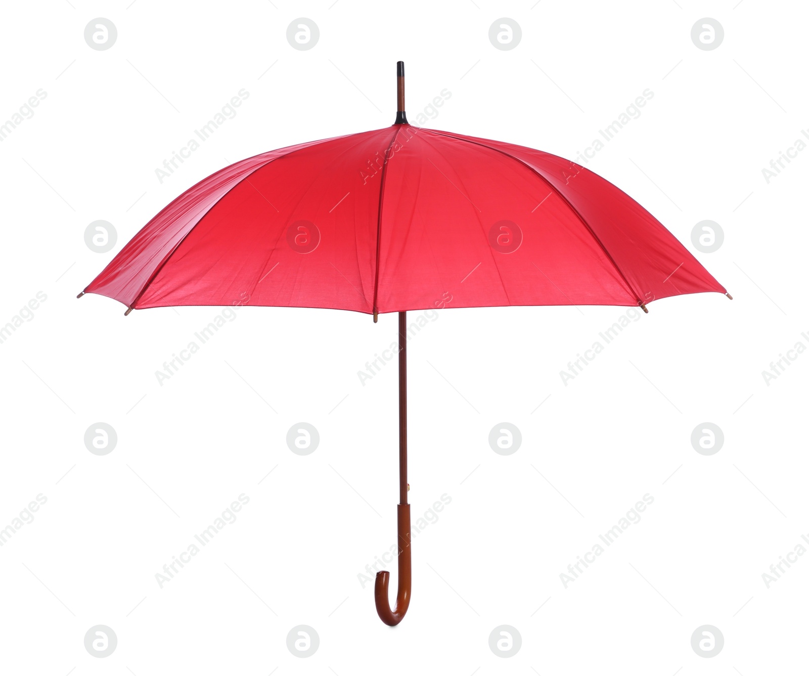 Photo of One open red umbrella isolated on white
