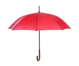 One open red umbrella isolated on white