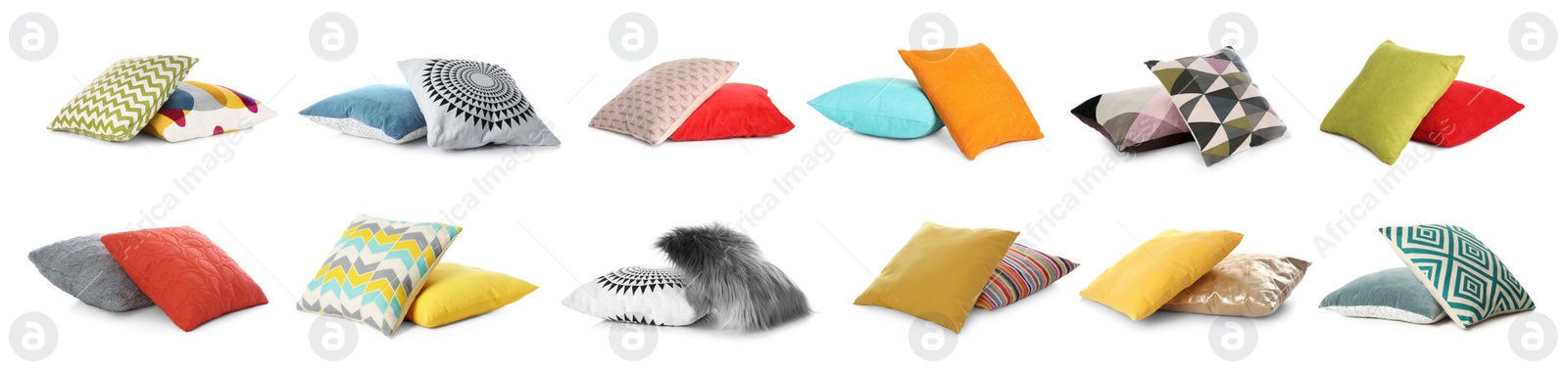 Image of Set with different stylish decorative pillows on white background. Banner design