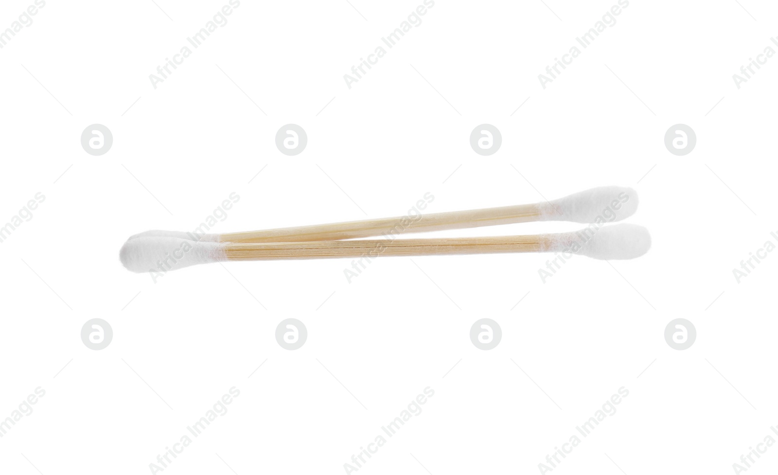 Photo of Wooden cotton buds on white background. Hygienic tool