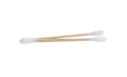 Wooden cotton buds on white background. Hygienic tool