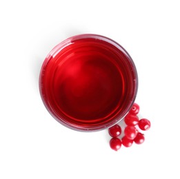 Photo of Tasty refreshing cranberry juice in glass and fresh berries isolated on white, top view
