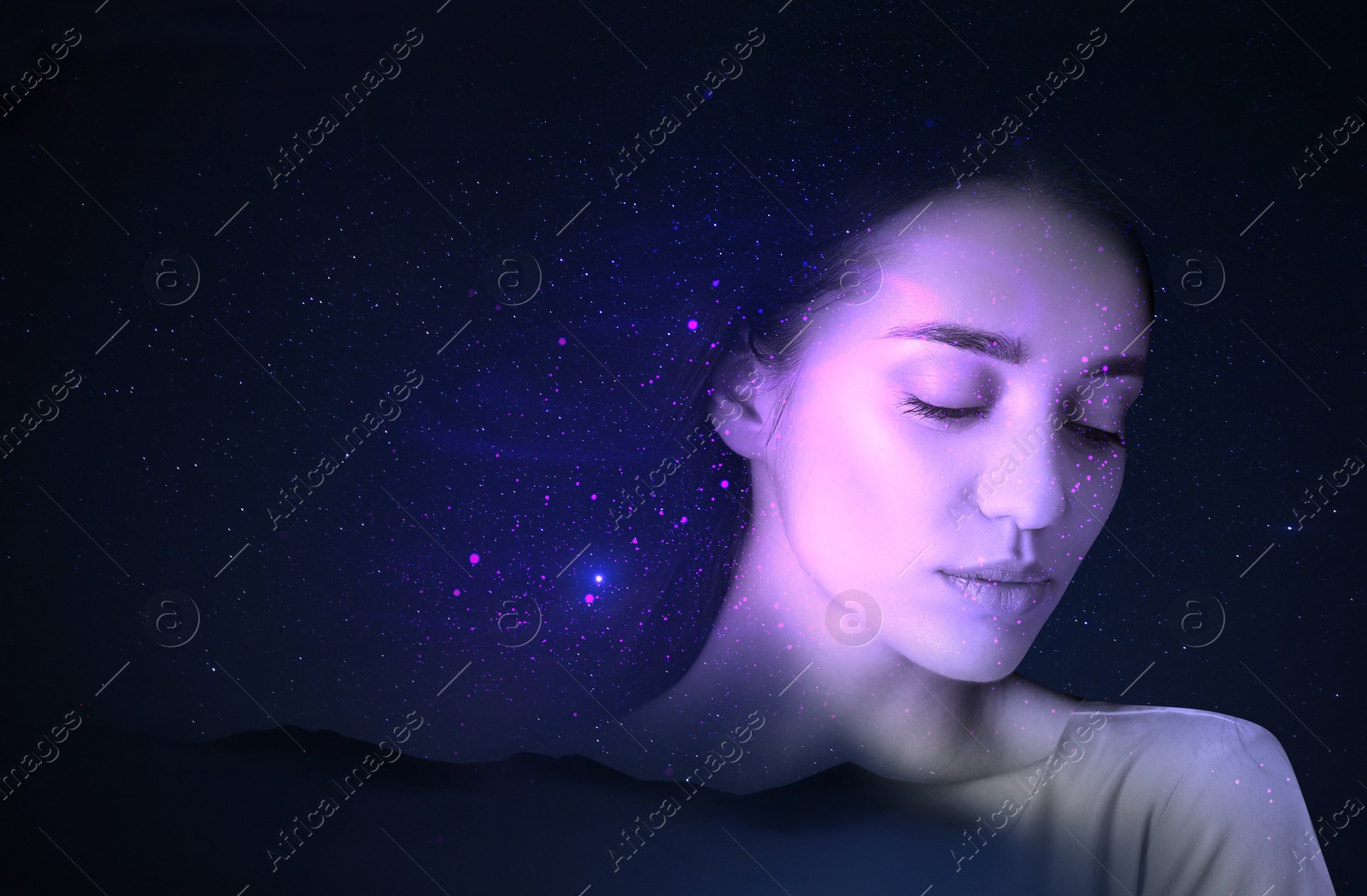 Image of Double exposure of beautiful woman and landscape under starry sky. Astrology concept