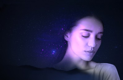 Image of Double exposure of beautiful woman and landscape under starry sky. Astrology concept