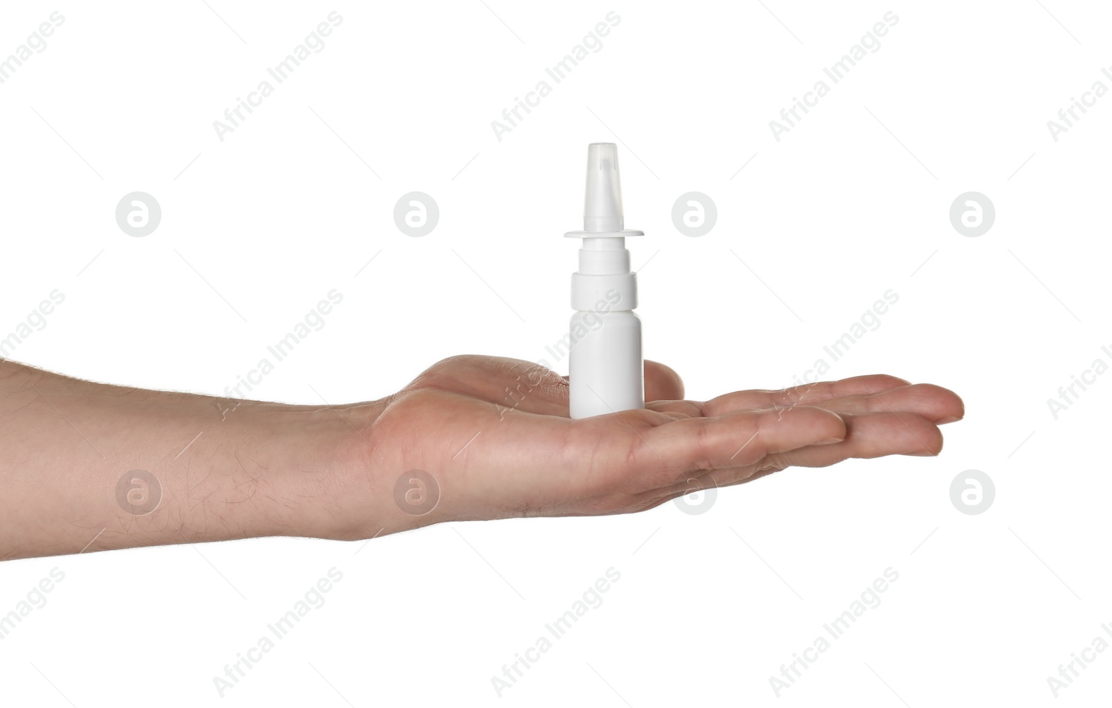 Photo of Man holding nasal spray on white background, closeup