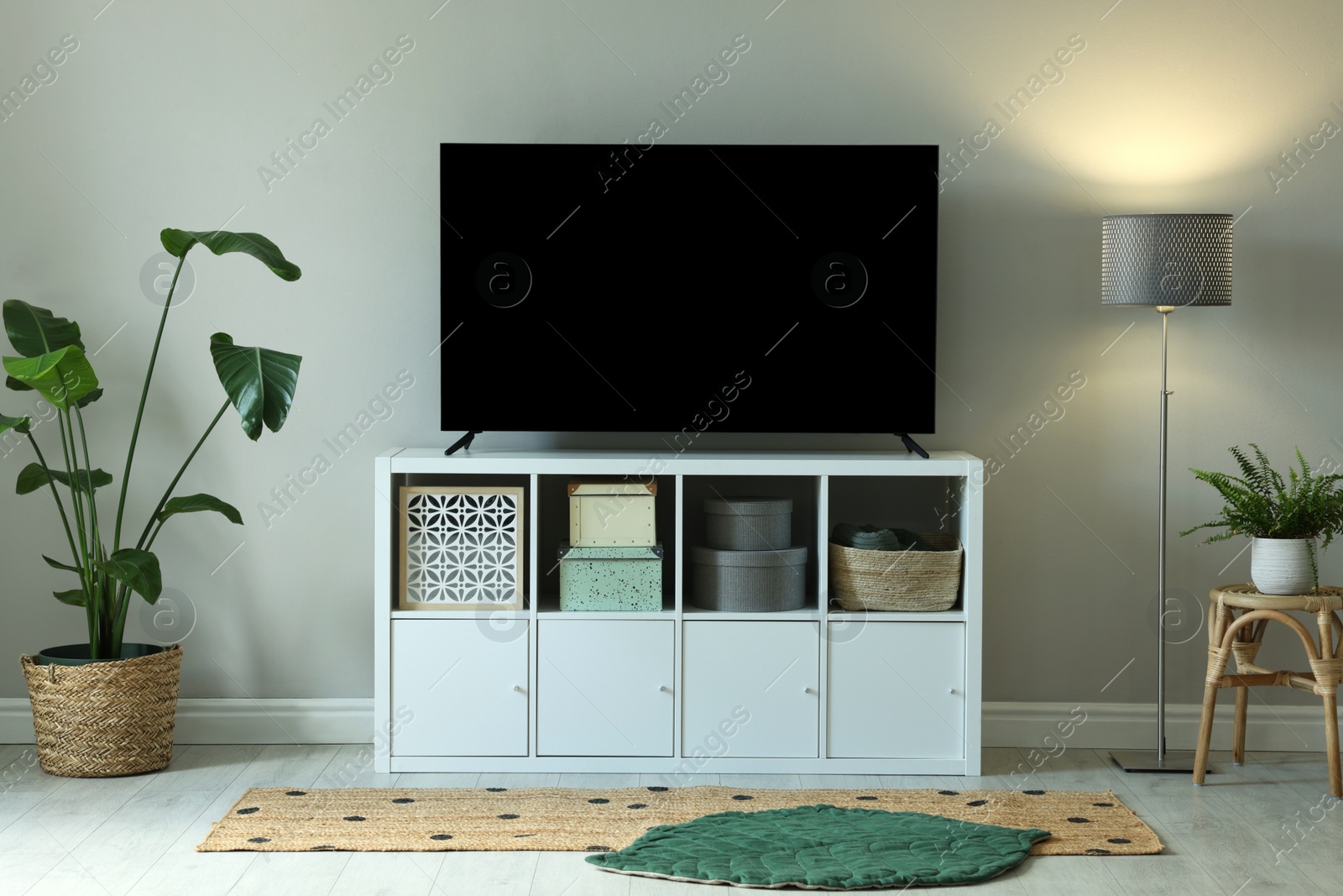 Photo of Modern TV on cabinet, lamp and beautiful houseplants near light wall indoors. Interior design