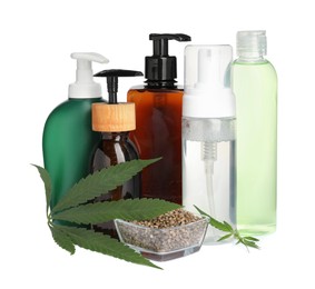 Photo of Set of hemp cosmetics with green leaves and seeds isolated on white