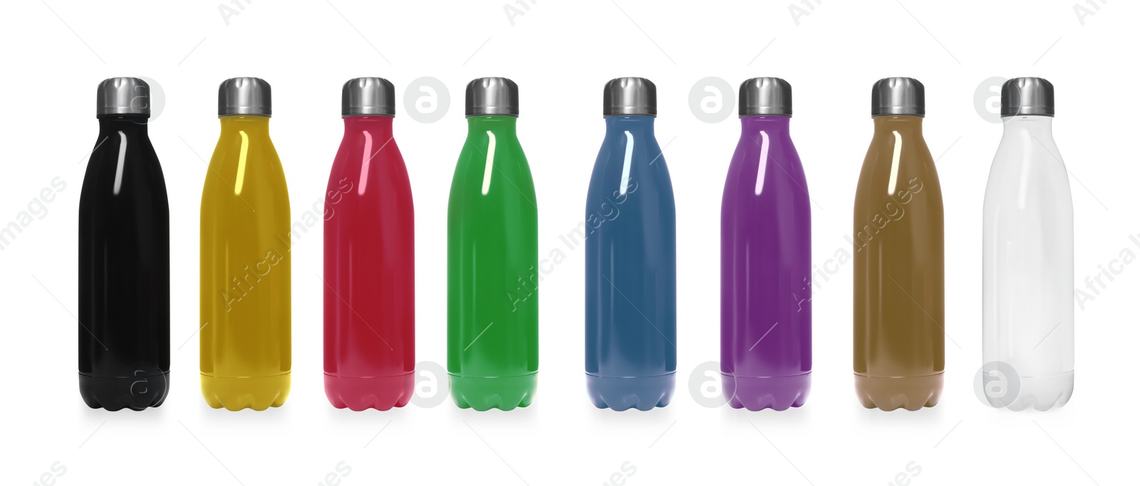 Image of Set of modern thermos bottles in different colors on white background. Banner design 