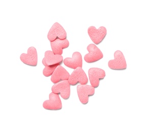 Photo of Sweet candy hearts on white background, top view