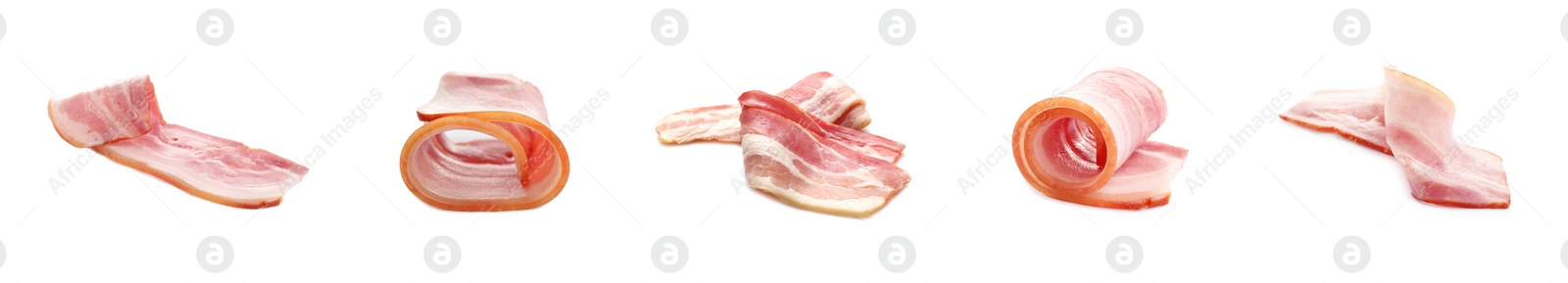 Image of Set with bacon slices on white background. Banner design