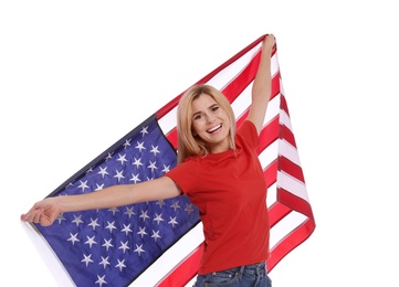 Photo of Portrait of woman with American flag on white background