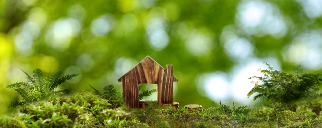 Image of Eco friendly home. House model and coins on green grass outdoors, banner design