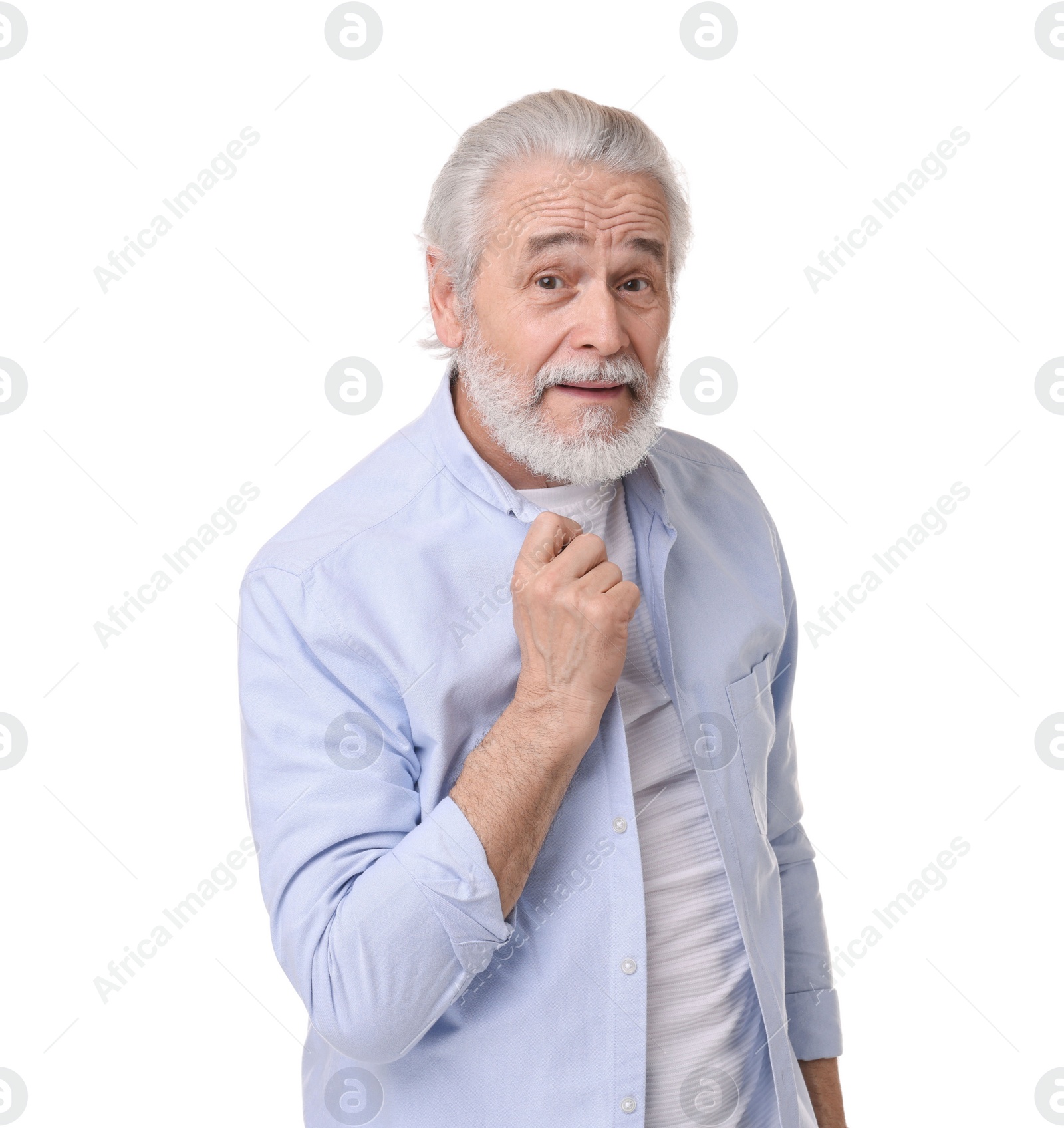 Photo of Portrait of happy grandpa on white background