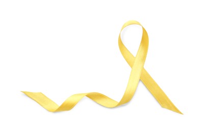 Photo of Yellow ribbon isolated on white, top view