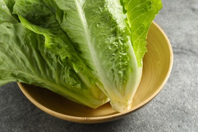 Photo of Fresh green romaine lettuces on light grey table, closeup
