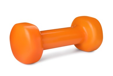 Photo of Orange dumbbell isolated on white. Weight training equipment