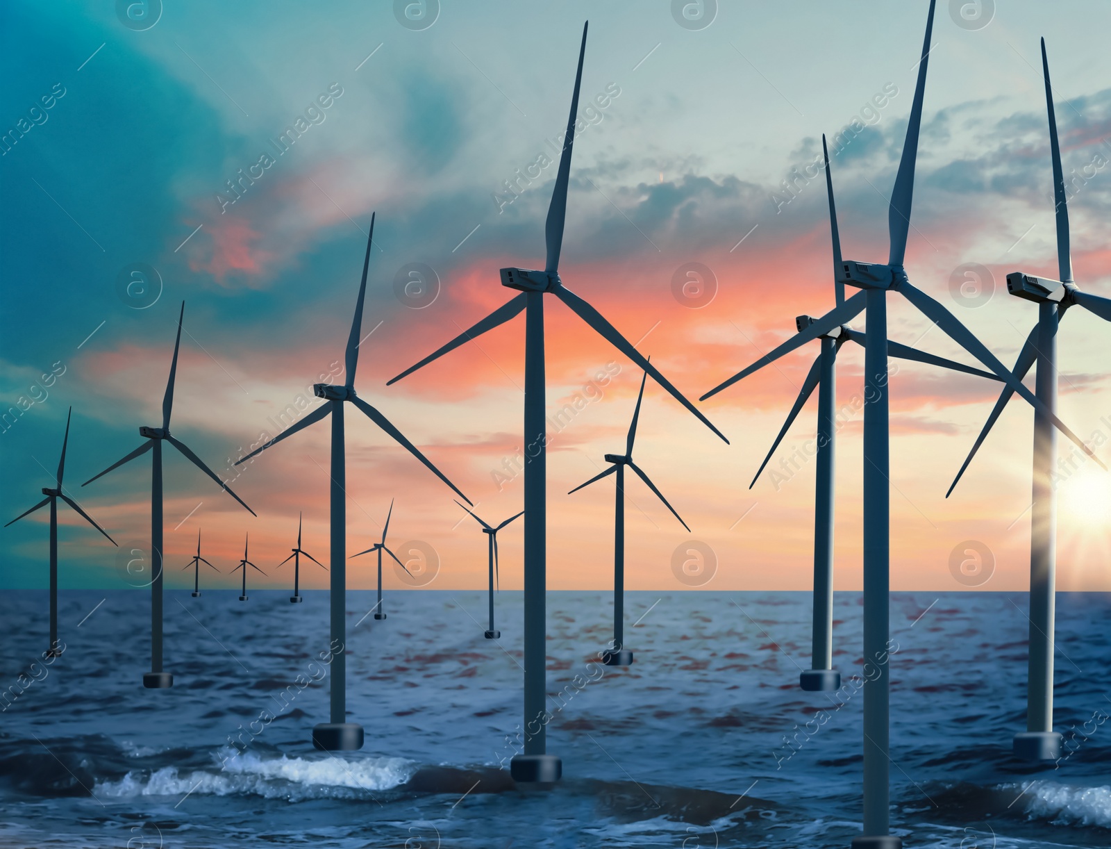 Image of Floating wind turbines installed in sea. Alternative energy source 