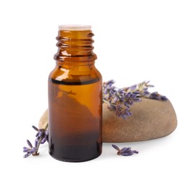 Bottle of essential oil and lavender flowers on white background