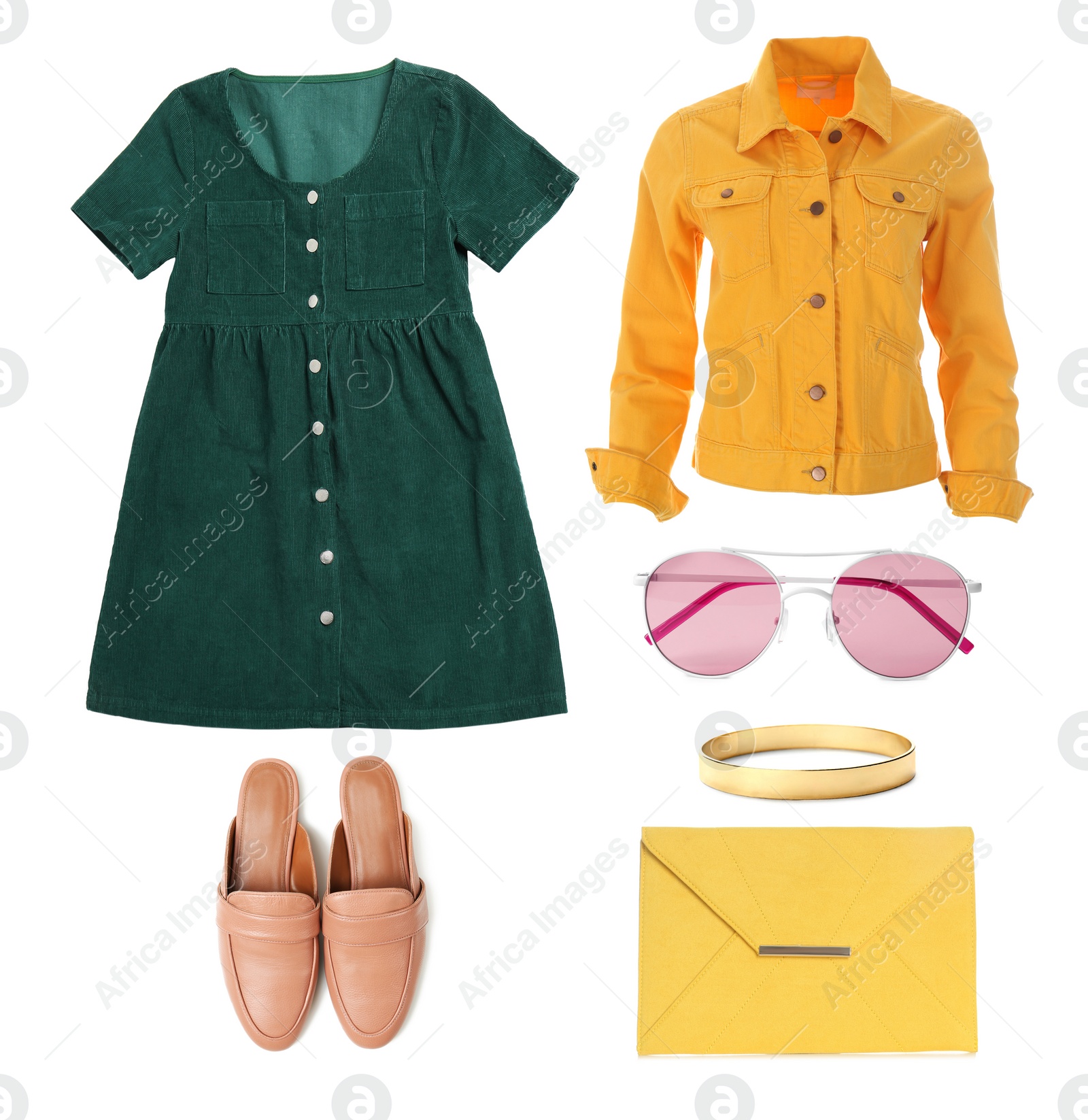 Image of Stylish outfit. Collage with dress, jacket, shoes and accessories for woman on white background