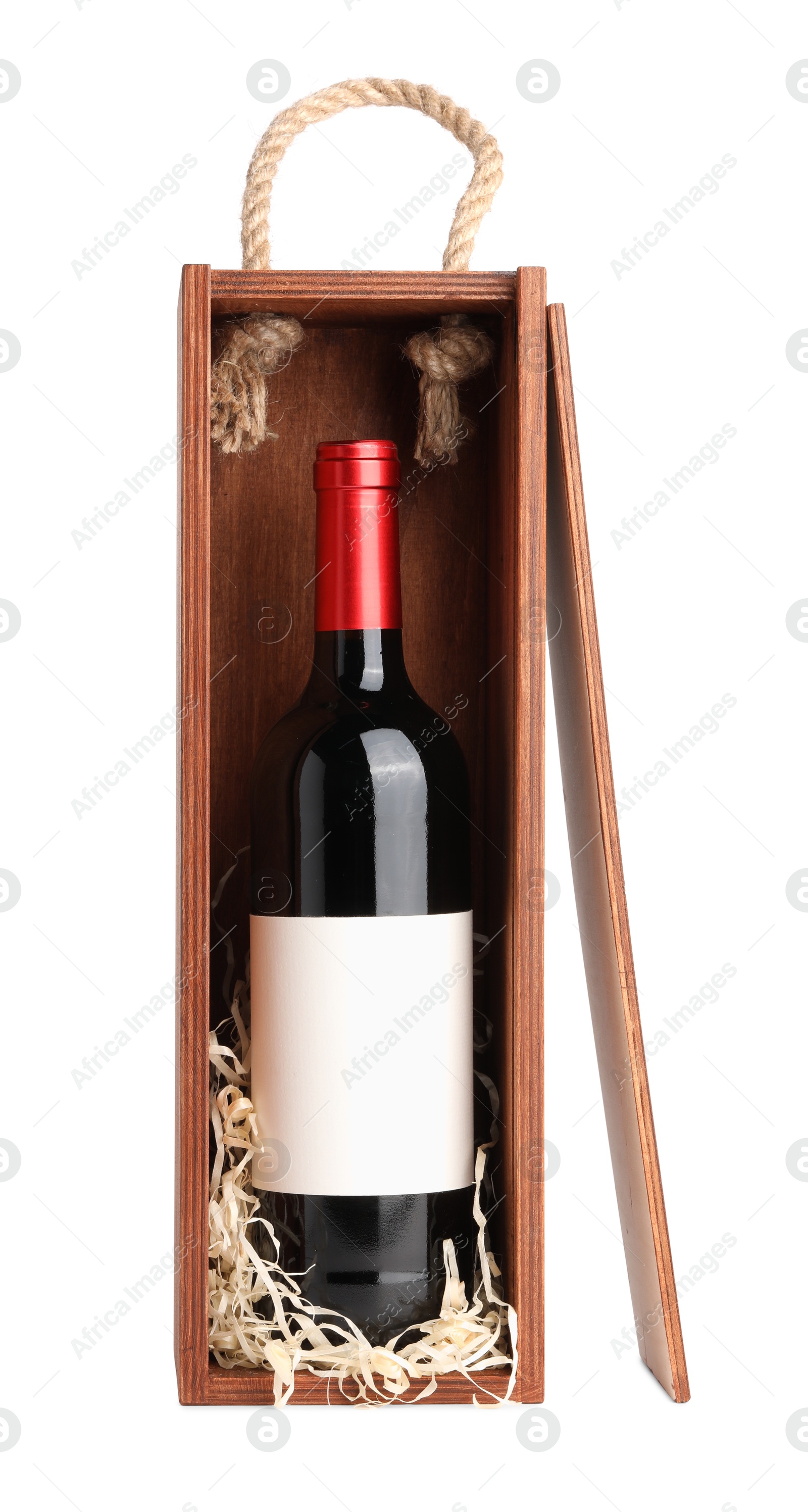 Photo of Wooden gift box with wine isolated on white