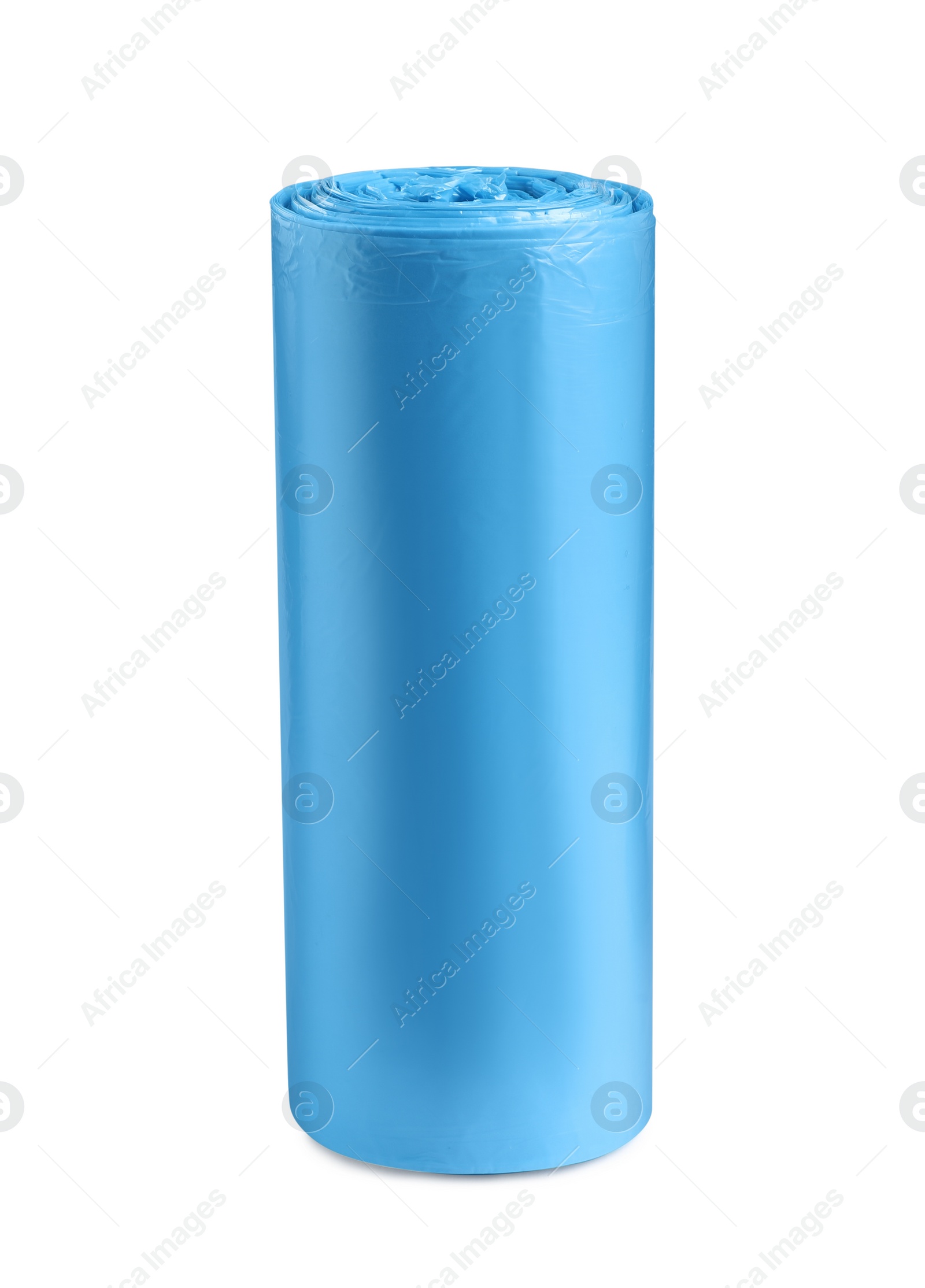 Photo of Roll of turquoise garbage bags on white background. Cleaning supplies