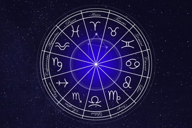 Zodiac wheel showing 12 signs against night starry sky