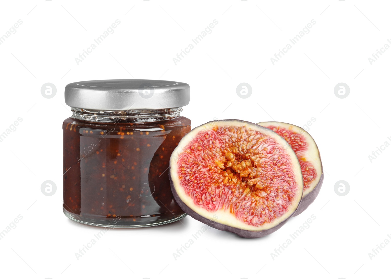 Photo of Glass jar of tasty sweet fig jam isolated on white