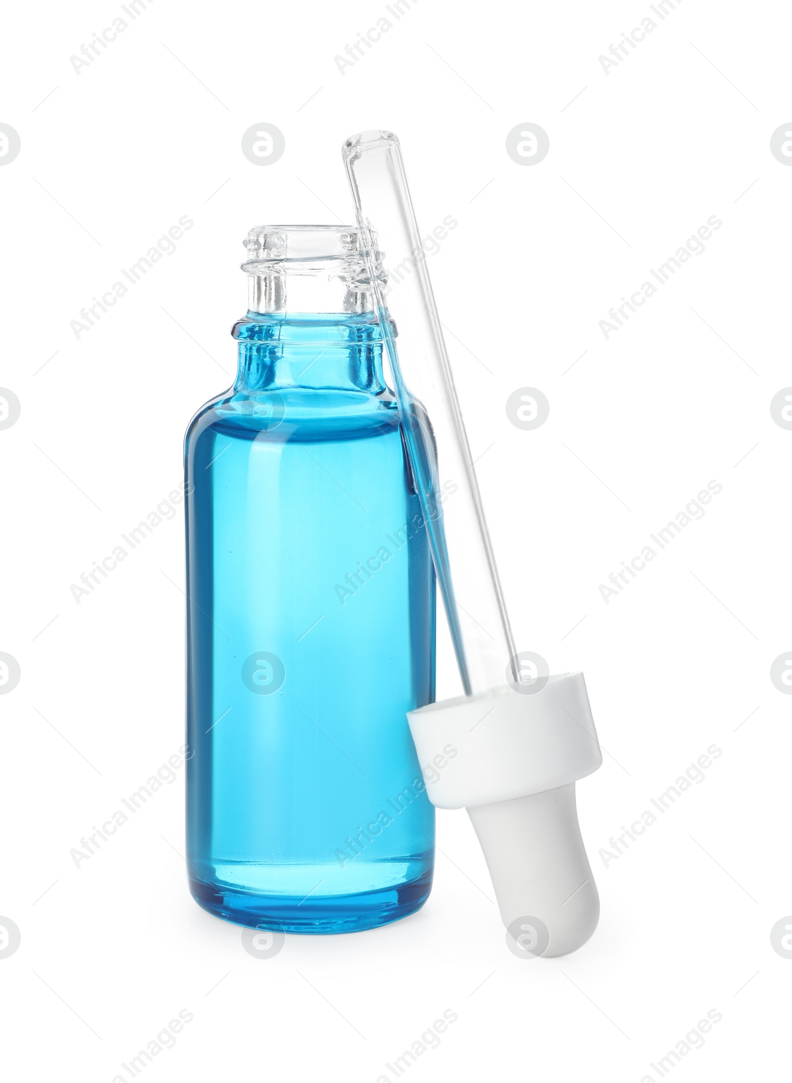 Photo of Bottle with cosmetic product and pipette isolated on white