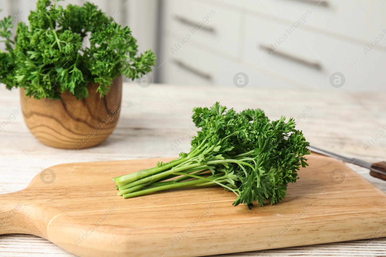 Photo of Board with fresh green parsley on table indoors