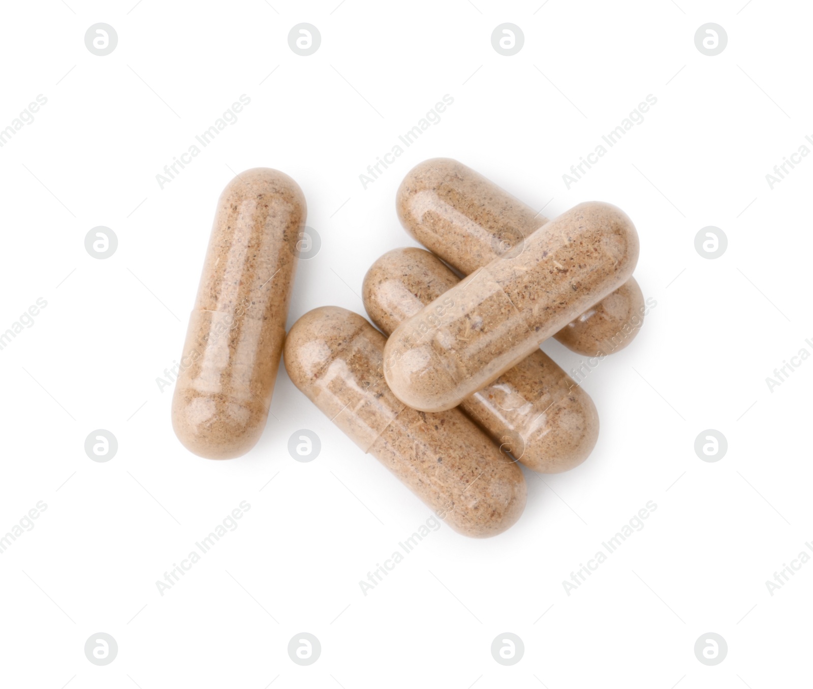 Photo of Vitamin capsules isolated on white, top view