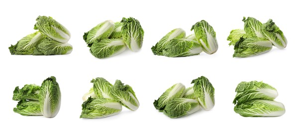 Collage with fresh Chinese cabbages on white background