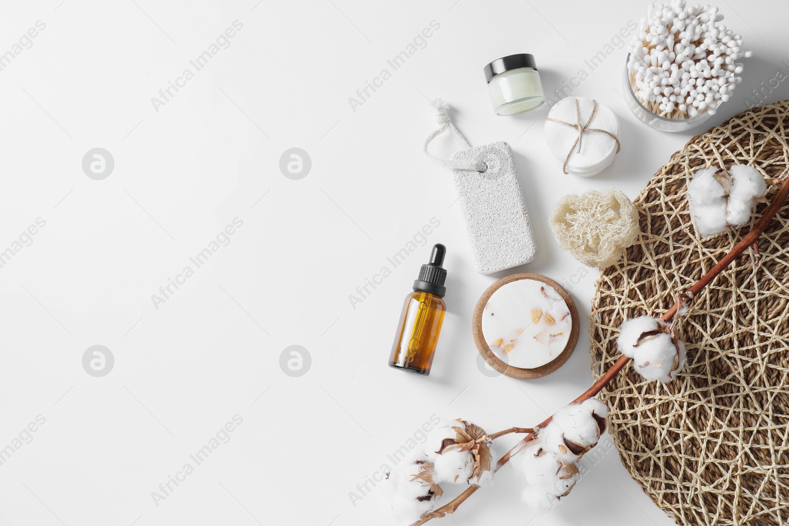 Photo of Bath accessories. Flat lay composition with personal care products on white background, space for text