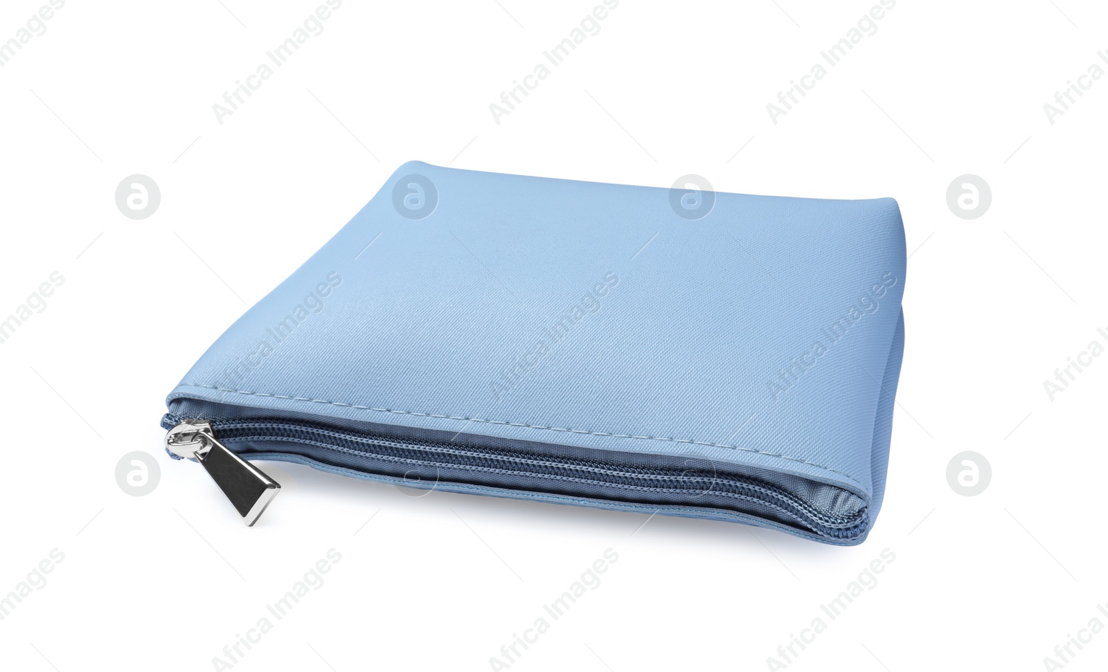 Photo of Stylish light blue cosmetic bag isolated on white