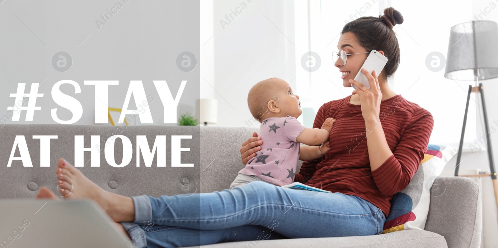 Image of Hashtag Stay At Home - protective measure during coronavirus pandemic, banner design. Young mother with her baby in room