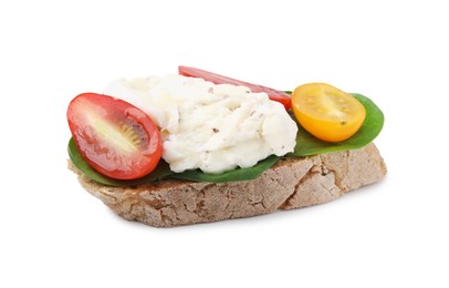 Photo of Delicious sandwich with burrata cheese and tomatoes isolated on white