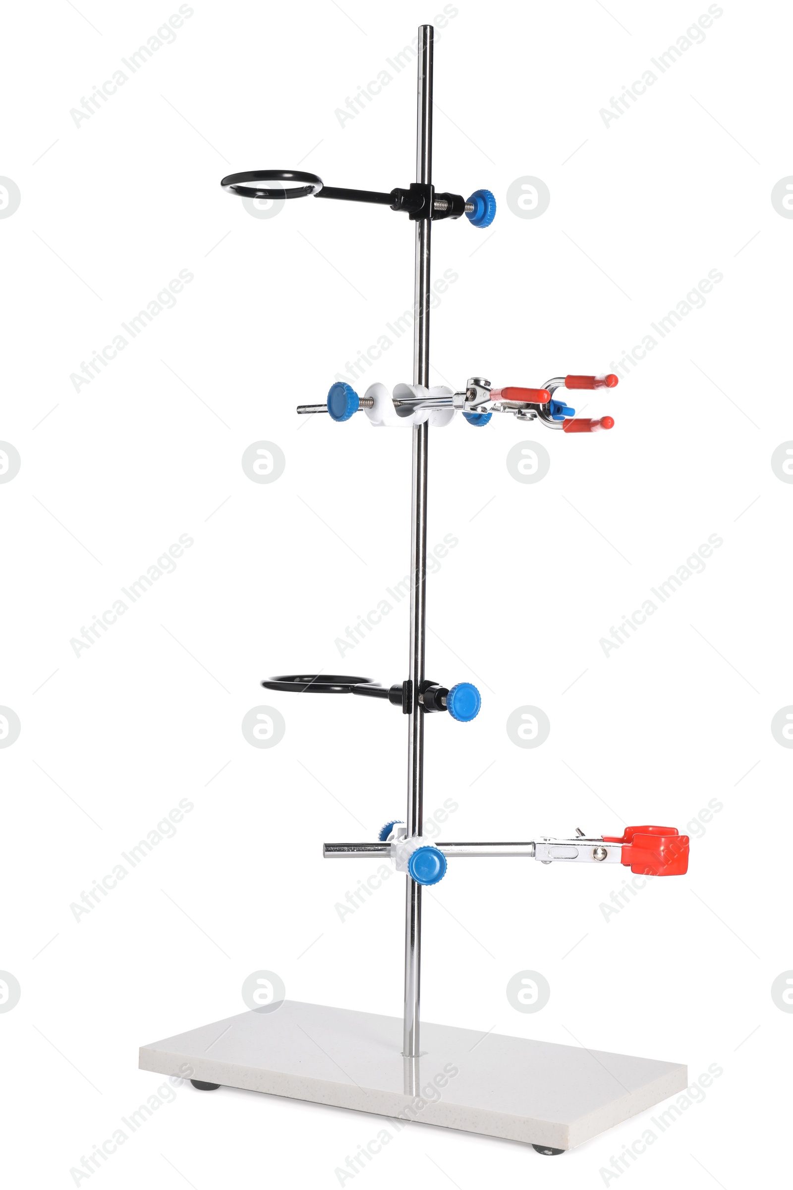 Photo of Retort stand with many clamps isolated on white