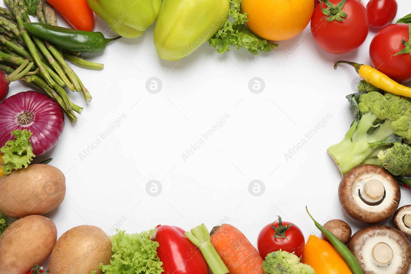 Photo of Frame of fresh vegetables on white background, flat lay. Space for text