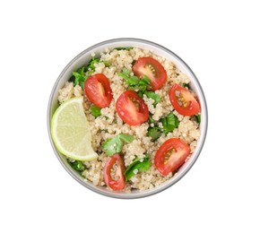 Photo of Delicious quinoa salad with tomatoes, parsley and lime isolated on white, top view