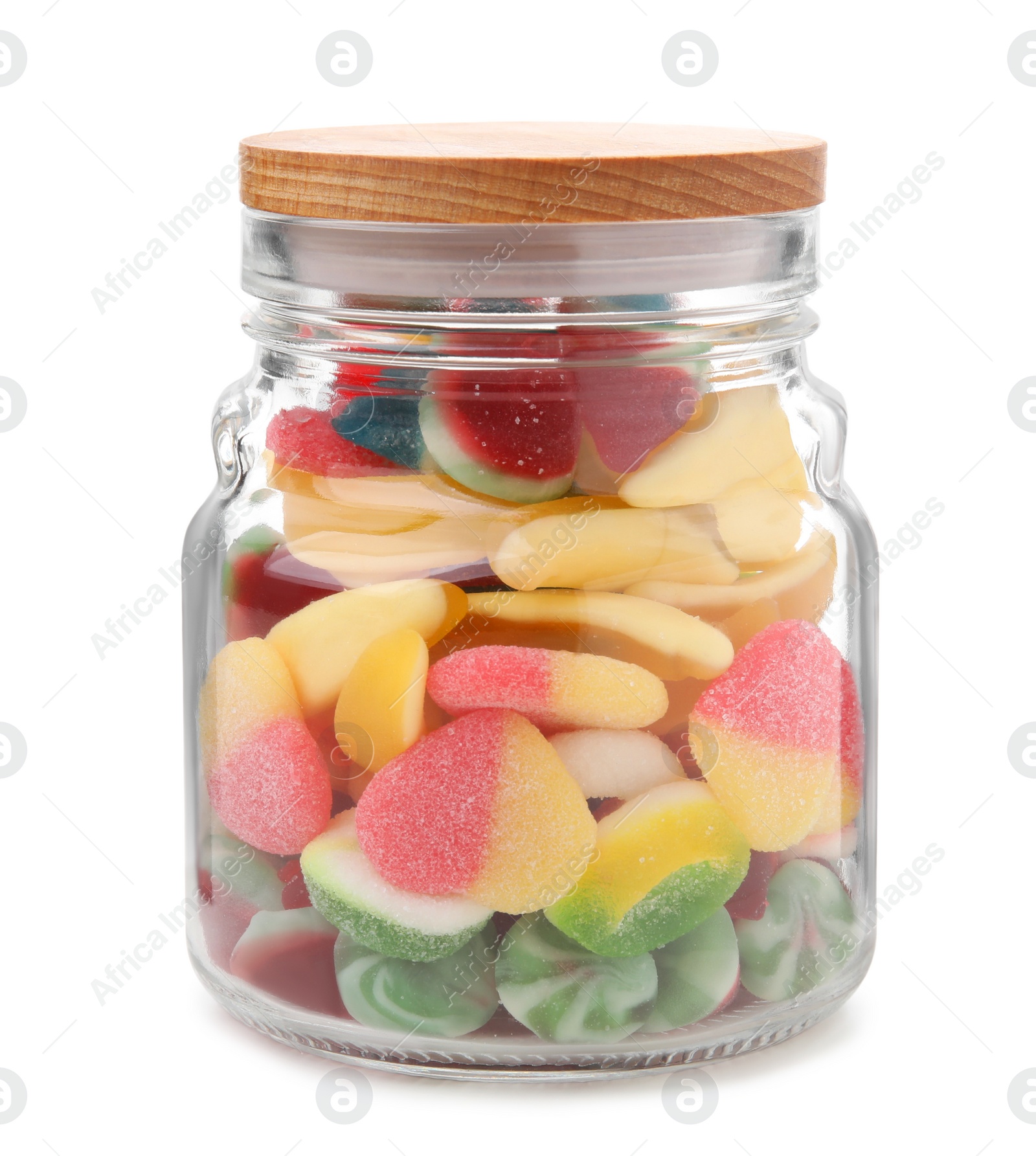 Photo of Jar with tasty jelly candies on white background