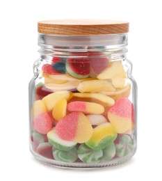 Photo of Jar with tasty jelly candies on white background