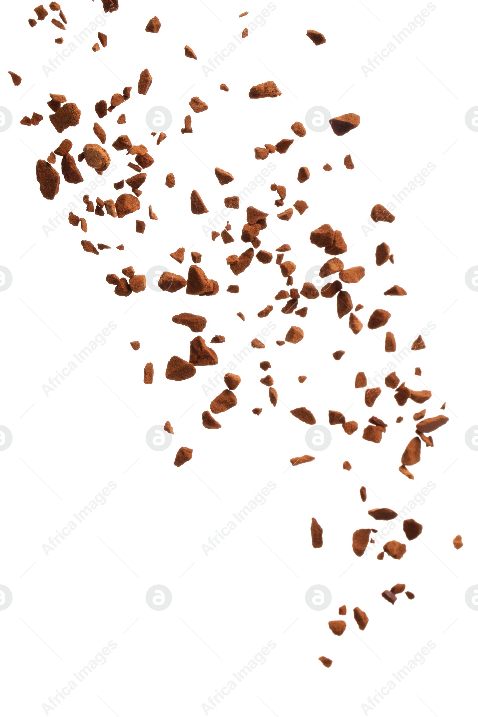 Photo of Pouring aromatic instant coffee on white background