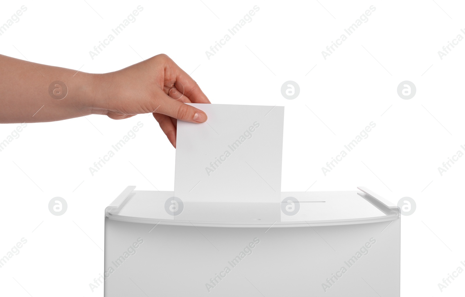 Photo of Woman putting her vote into ballot box on white background, closeup