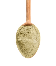 Photo of Spoon with hemp protein powder on white background, top view